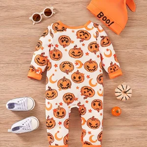 Barboteuse bébé Halloween – body manches longues motif citrouille et étoiles
