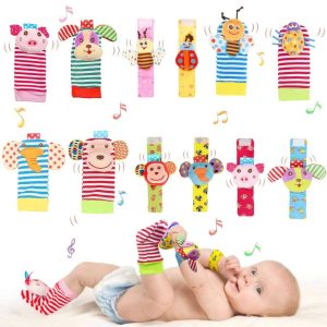 Lot 4 hochets bracelet et chaussettes — Jouet d’éveil bébé coloré et ajustable